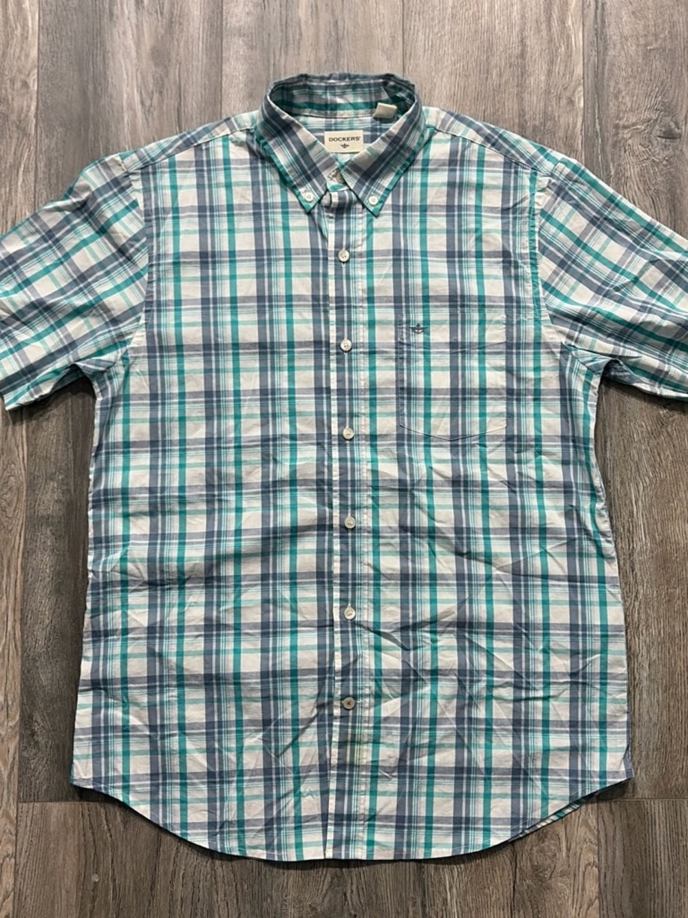 Dockers Plaid Short Sleeve Button Down Shirt Teal Blue Medium